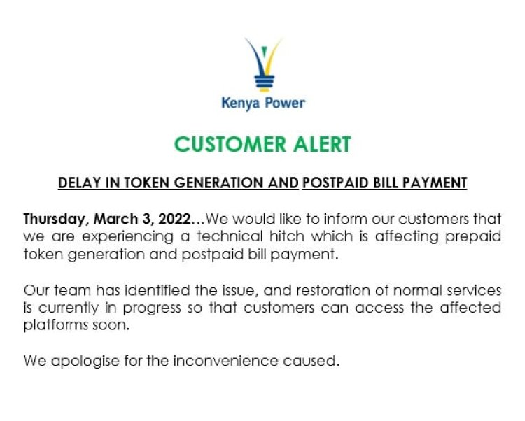 KPLC: There Are Delays In Token Generation And Postpaid Bill Payment