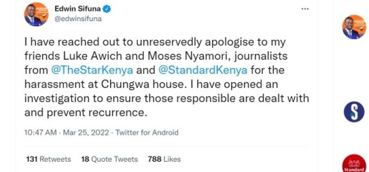 ODM Secretary General Issues An Apology Over Manhandling of Journalists By Security Attached to Chungwa House.
